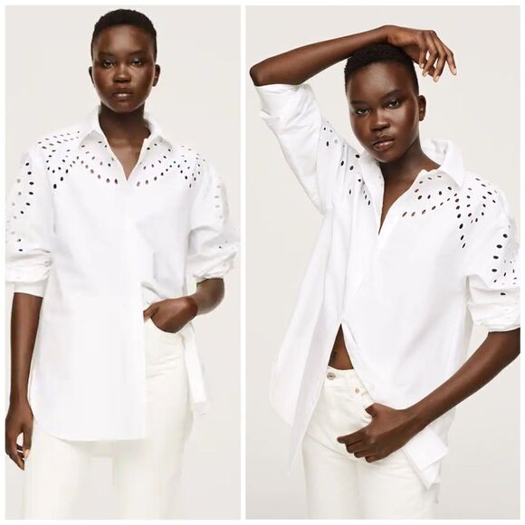 Mango Tops - Mango Poplin Cotton Openwork Embroidered Shirt New